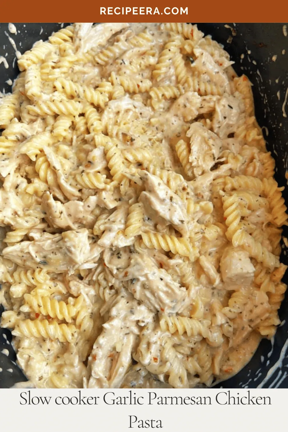 Creamy, flavorful chicken pasta cooked to perfection in a slow cooker with garlic parmesan sauce and tender red potatoes.