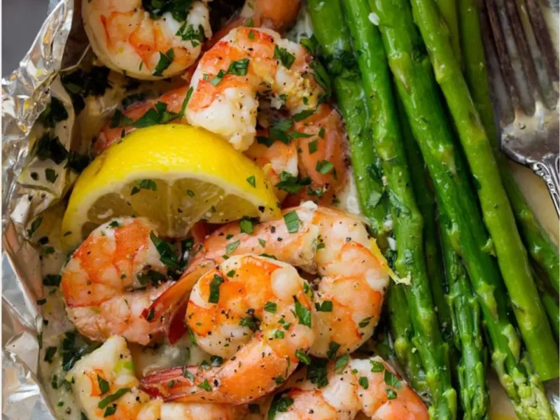 Shrimp and Asparagus Foil Packs with Garlic Lemon Butter Sauce